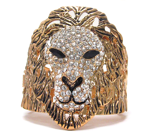 Crystal and epoxy deco large lion head rihanna style hinge bangle bracelet