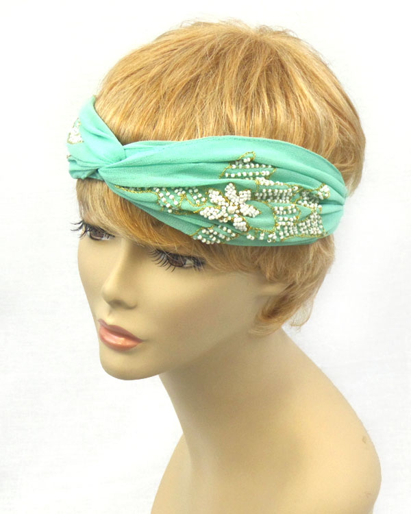 Multi seed bead flower pattern stretch headband