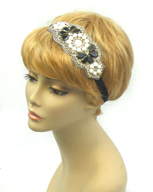 Handmade crystal and multi bead flower stretch headband