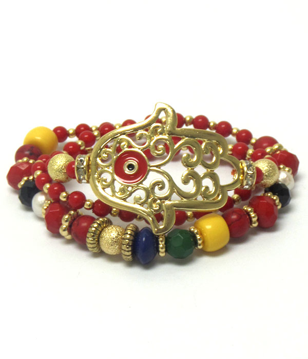 Metal filigree hamsa and multi ball bead stretch wrap bracelet