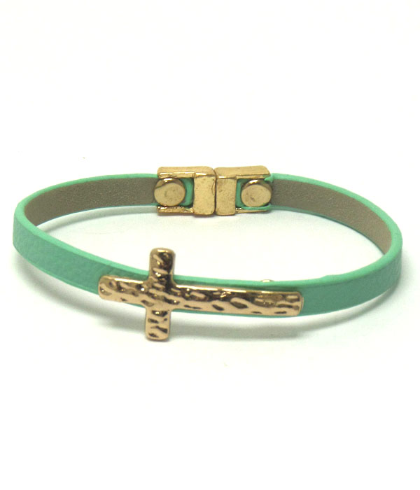 Cross on leatherette band and magnetic closure bracelet