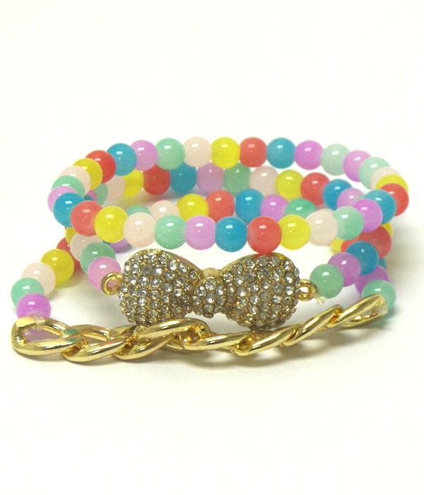 Crystal bow and thick chain accent stretch bracelet set of 3