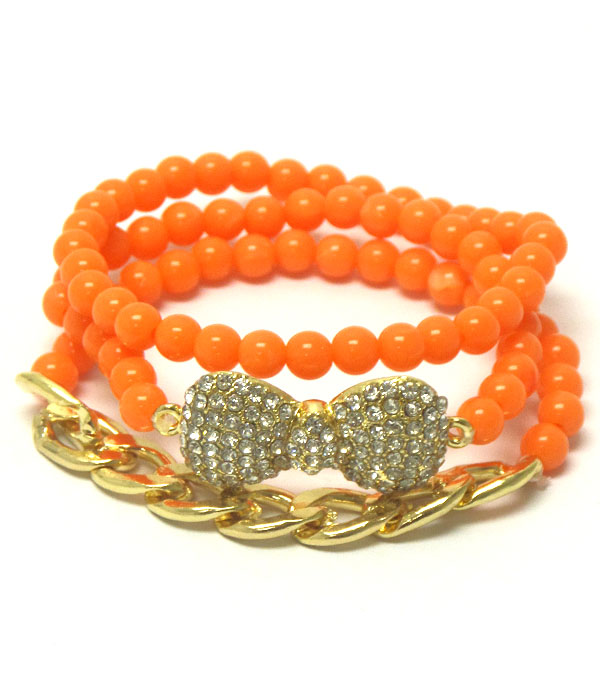 Crystal bow and thick chain accent stretch bracelet set of 3