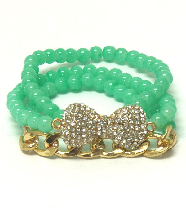 Crystal bow and thick chain accent stretch bracelet set of 3