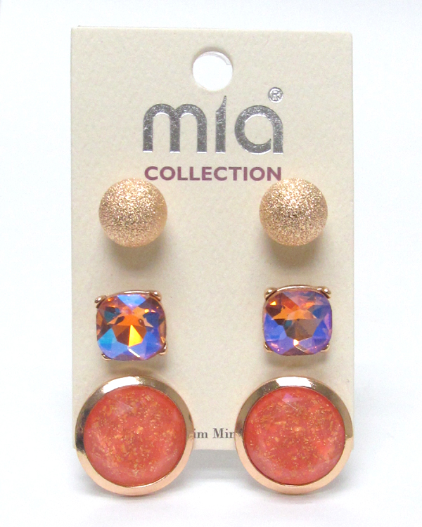 Glittering stone 3 pair earring set
