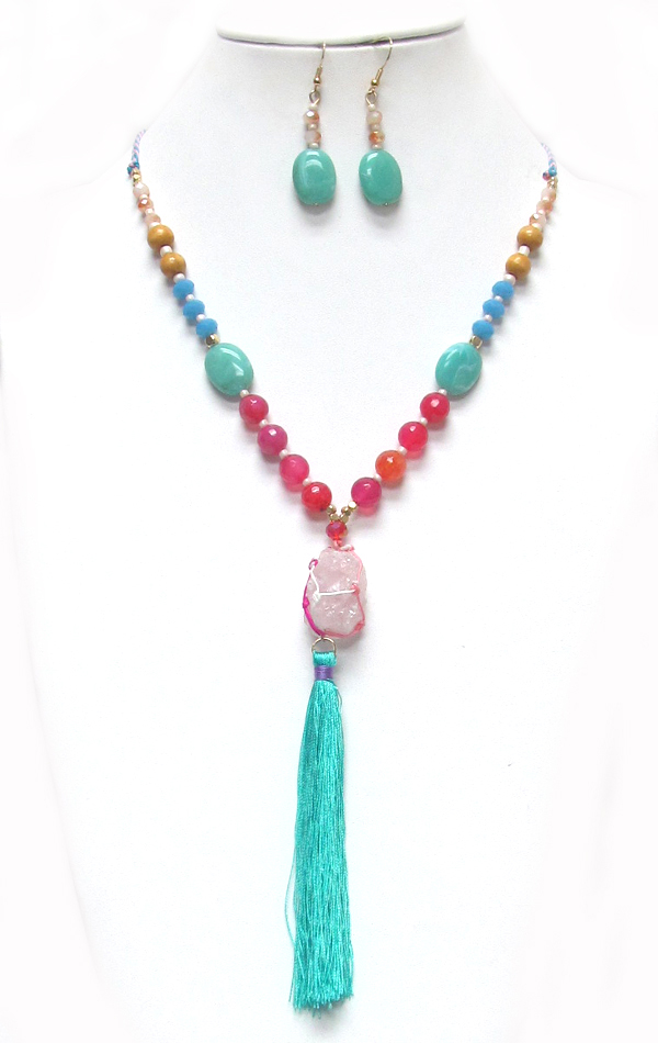 Multi beads and stones with tassel drop necklace set