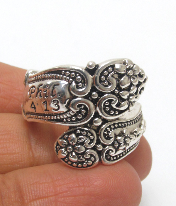 RELIGIOUS FLOWER TEXTURED SPOON METAL RING