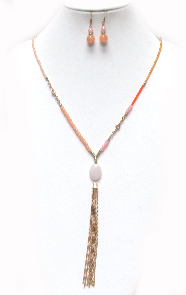 MULTI COLOR BEADS TASSEL DROP STONE NECKLACE SET