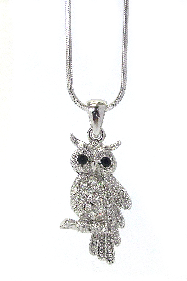 WHITEGOLD PLATING CRYSTAL OWL PENDANT NECKLACE