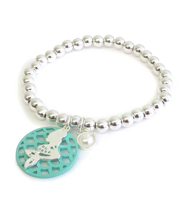 Sealife theme metal filigree and enamel coat charm stretch bracelet - mermaid