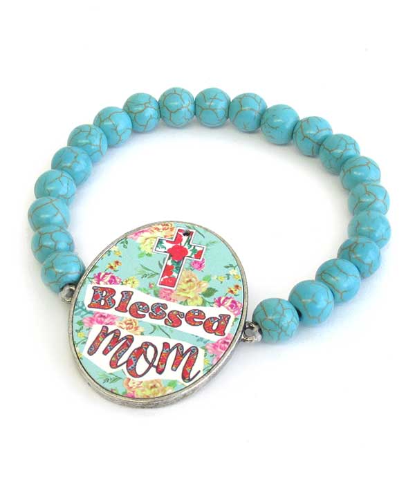 Mother theme turquoise stretch bracelet - blessed mom