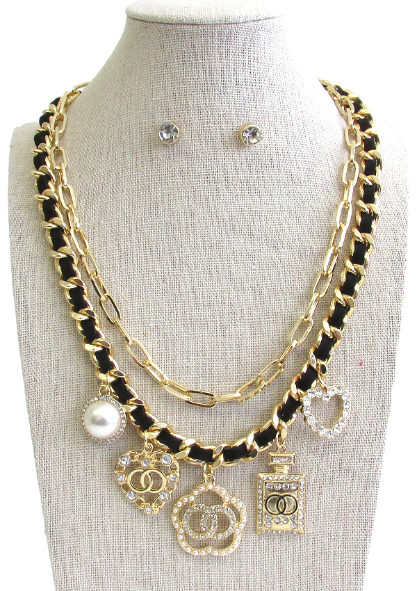 DESIGNER INSPIRED CHARM DANGLE DOUBLE LAYER NECKLACE