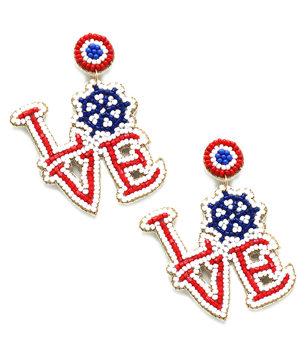 HANDMADE MULTI SEEDBEAD AMERICAN FLAG NAUTICAL THEME EARRING - LOVE