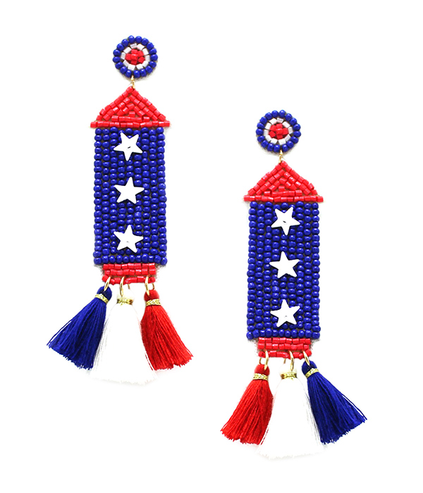 HANDMADE MULTI SEEDBEAD PATRIOTIC AMERICAN FLAG THEME EARRING - FIRECRACKERS