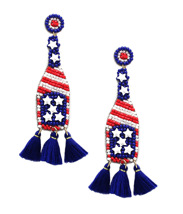 HANDMADE MULTI SEEDBEAD PATRIOTIC AMERICAN FLAG THEME EARRING - CHAMPAGNE