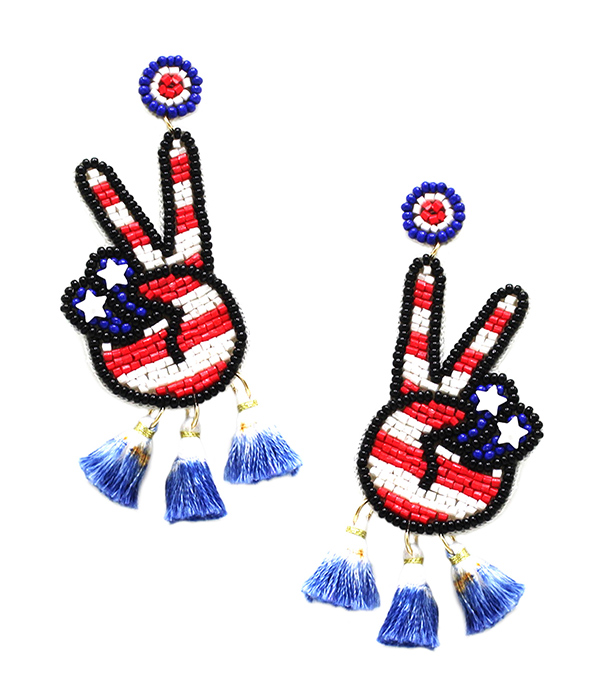 HANDMADE MULTI SEEDBEAD PATRIOTIC AMERICAN FLAG THEME EARRING - VICTORY