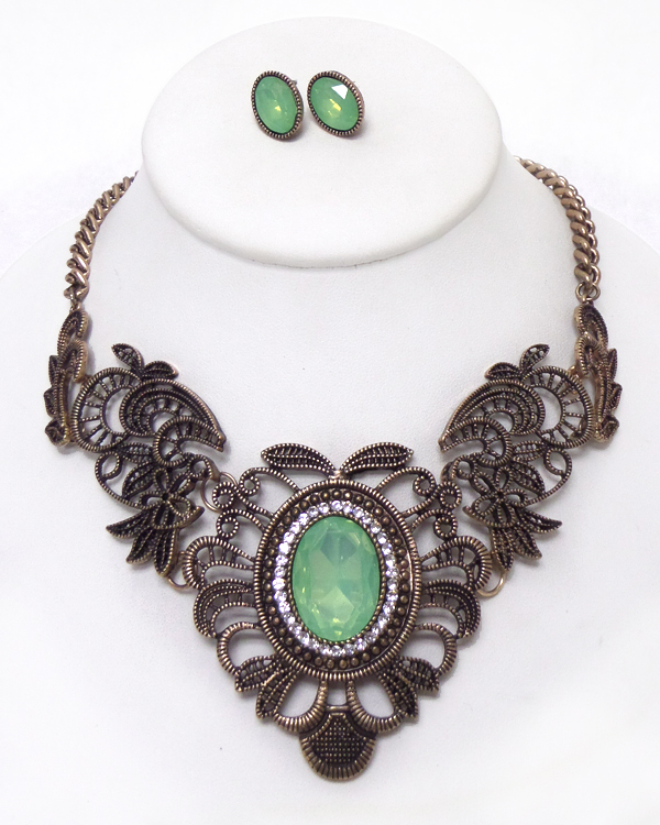 Crystal and smoky stone metal lace filigree necklace set