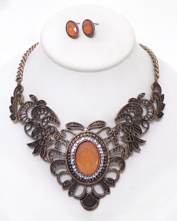 Crystal and smoky stone metal lace filigree necklace set