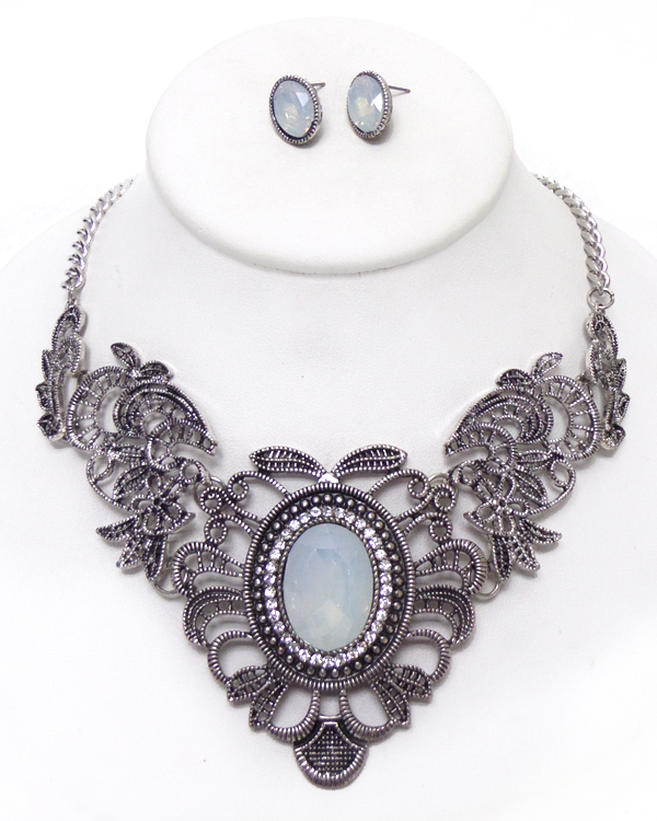 Crystal and smoky stone metal lace filigree necklace set