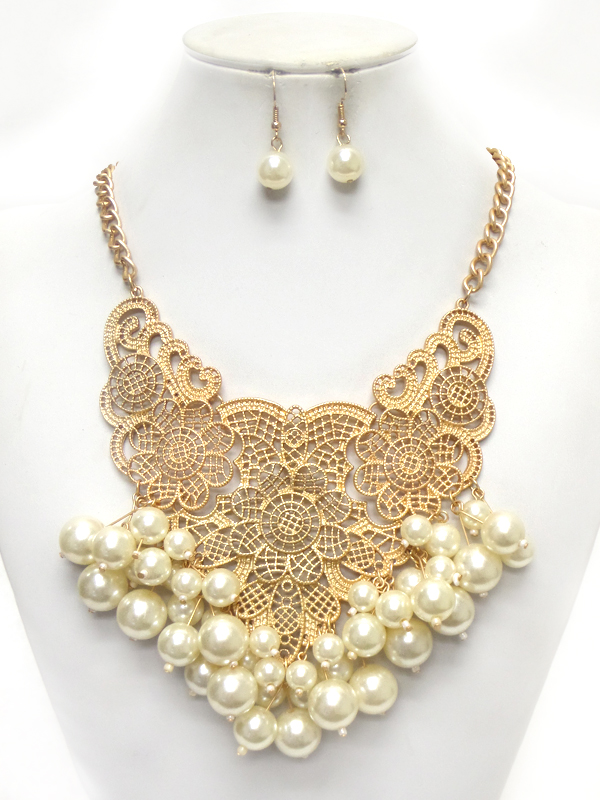 Metal filigree and multi pearl drop chunky statement necklace set