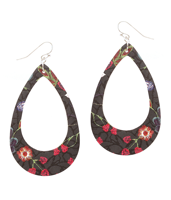 Flower pattern fabric open teardrop earring
