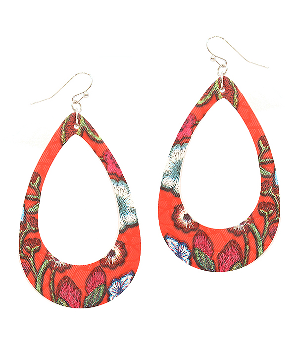 FLOWER PATTERN FABRIC OPEN TEARDROP EARRING