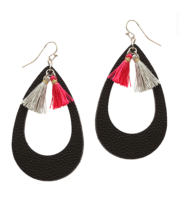 THREAD AND LEATHERETTE OPEN TEARDROP EARRING