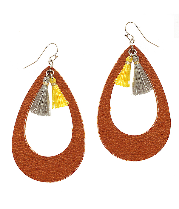 Thread and leatherette open teardrop earring