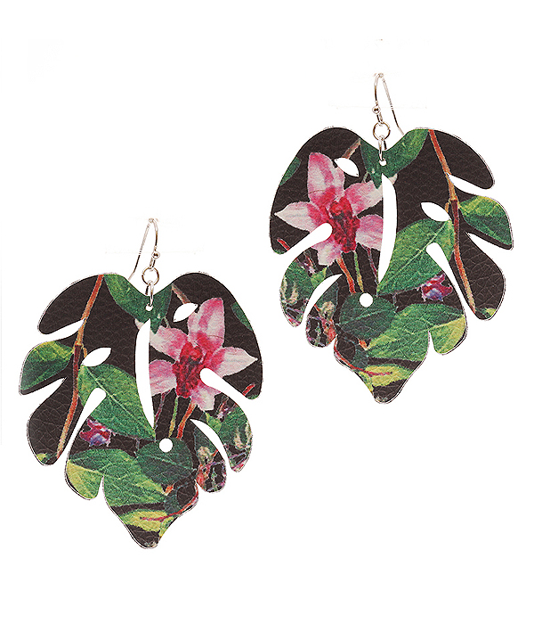 FLOWER PATTERN LEATHERETTE MONSTERA LEAF EARRING