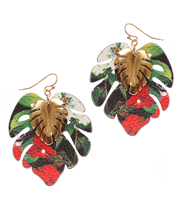 FLOWER PATTERN LEATHERETTE MONSTERA LEAF EARRING