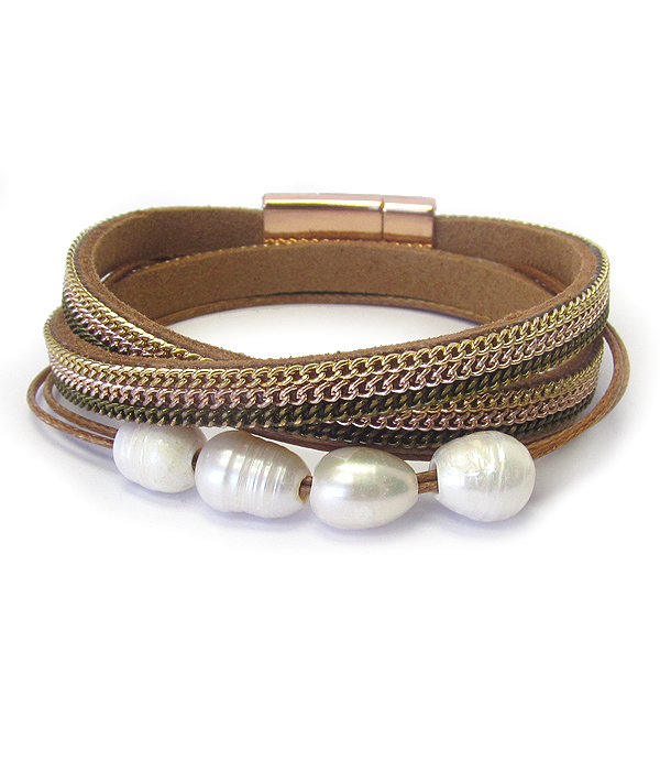 Fresh water pearl and leather double wrap magnetic bracelet