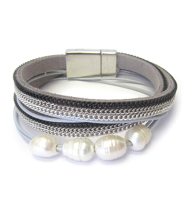 FRESH WATER PEARL AND LEATHER DOUBLE WRAP MAGNETIC BRACELET
