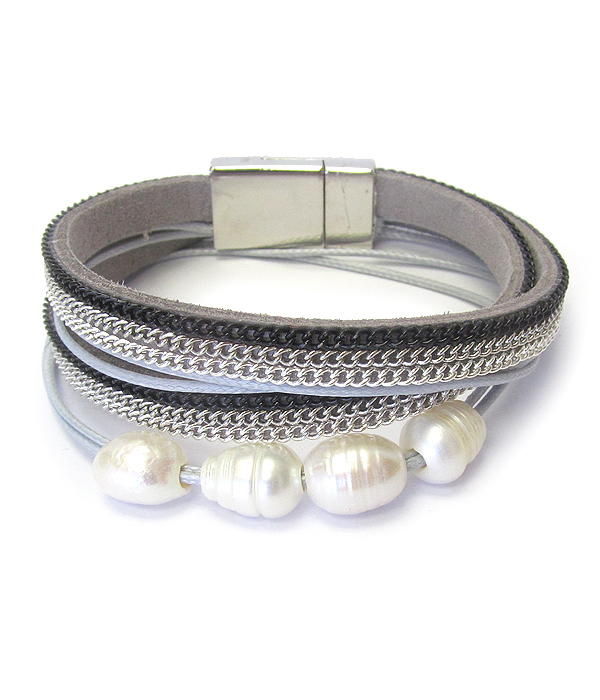 Fresh water pearl and leather double wrap magnetic bracelet