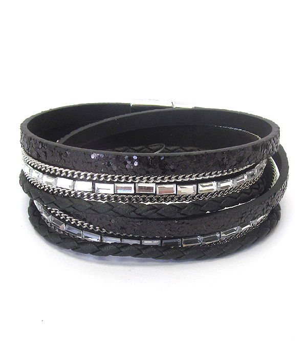 CRYSTAL AND LEATHER DOUBLE WRAP MAGNETIC BRACELET