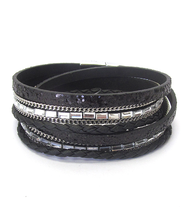 Crystal and leather double wrap magnetic bracelet