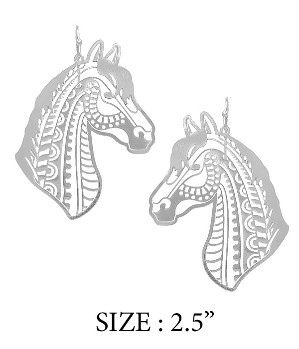 FARM THEME LASER CUT PAPER THIN METAL FILIGREE EARRING - HORSE