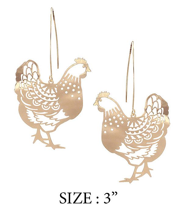 FARM THEME LASER CUT PAPER THIN METAL FILIGREE EARRING - ROOSTER