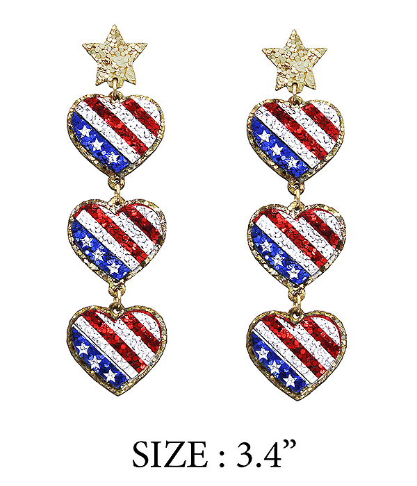 Patriotic theme american flag triple heart drop earring