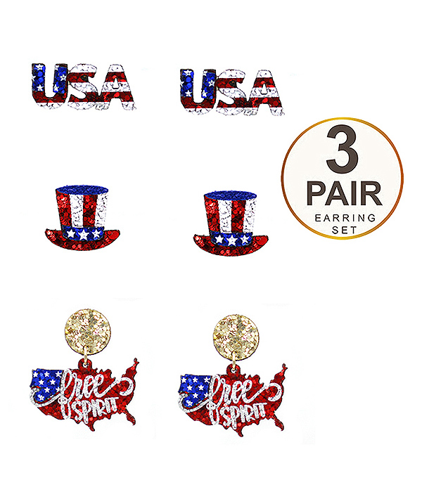 PATRIOTIC THEME AMERICAN FLAG 3 PAIR EARRING SET - USA HAT 