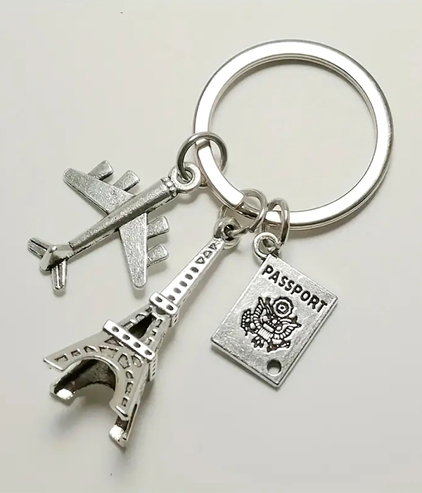 TRAVEL THEME MULTI CHARM KEYCHAIN - EIFFEL TOWER AIRPLANE