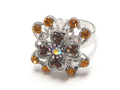 Flower shape crystal fashion ring - adjustable size