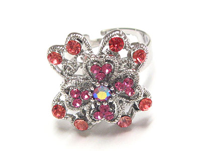 Flower shape crystal fashion ring - adjustable size
