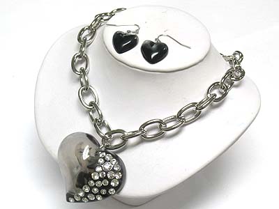 Half crystal marblic heart pendant necklace and earring set