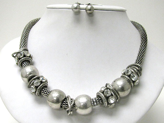 Crystal ring joint metal ball link neckalce earring set