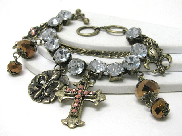 Retro vintage mixed cross charm dangle crystal and metal mixed chain bracelet