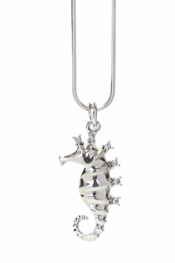 WHITEGOLD PLATING CRYSTAL SEA HORSE PENDANT NECKLACE