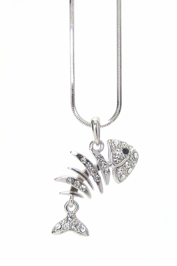 WHITEGOLD PLATING CRYSTAL FISH BONE PENDANT NECKLACE