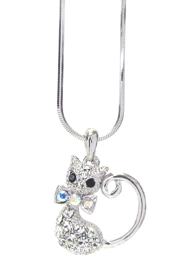 WHITEGOLD PLATING CRYSTAL CAT PENDANT NECKLACE