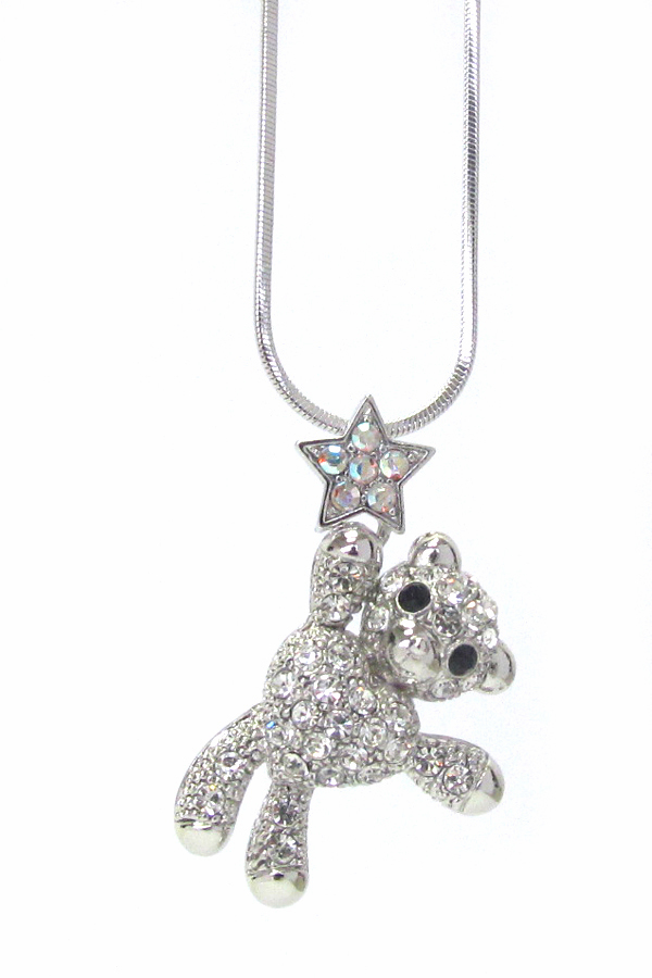 WHITEGOLD PLATING CRYSTAL TEDDY BEAR PENDANT NECKLACE -valentine