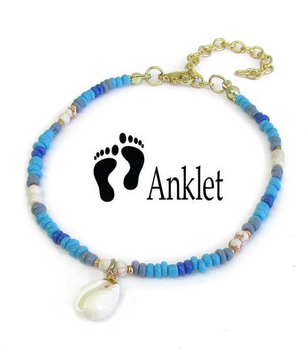 SEALIFE THEME MULTI SEEDBEAD ANKLET - COWRY SHELL